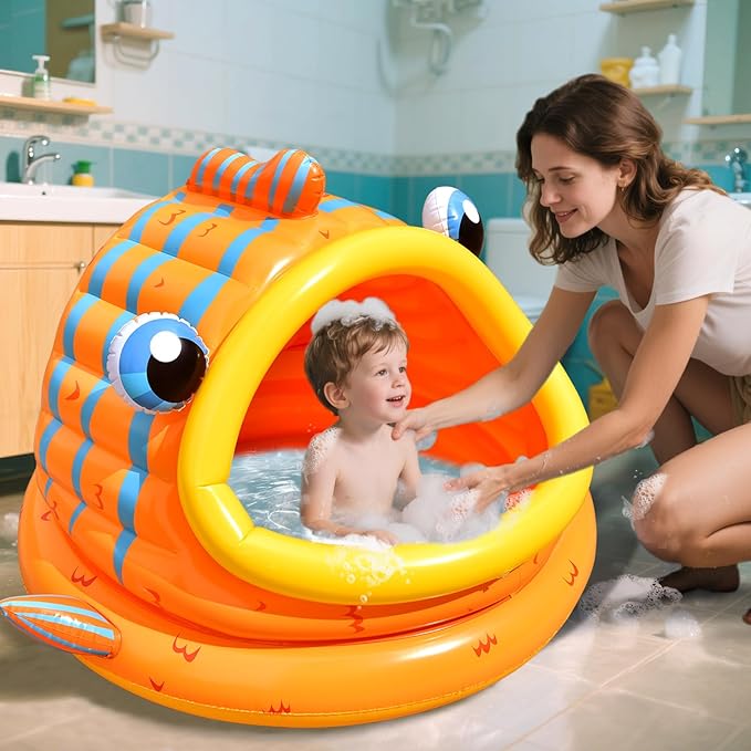 FUN LITTLE TOYS Inflatable Baby Pool with Shade, Kids Blow Up Pool with Canopy, Kiddie Pool for Indoor Outdoor Summer Swimming Floats for Toddler 3-48 Months