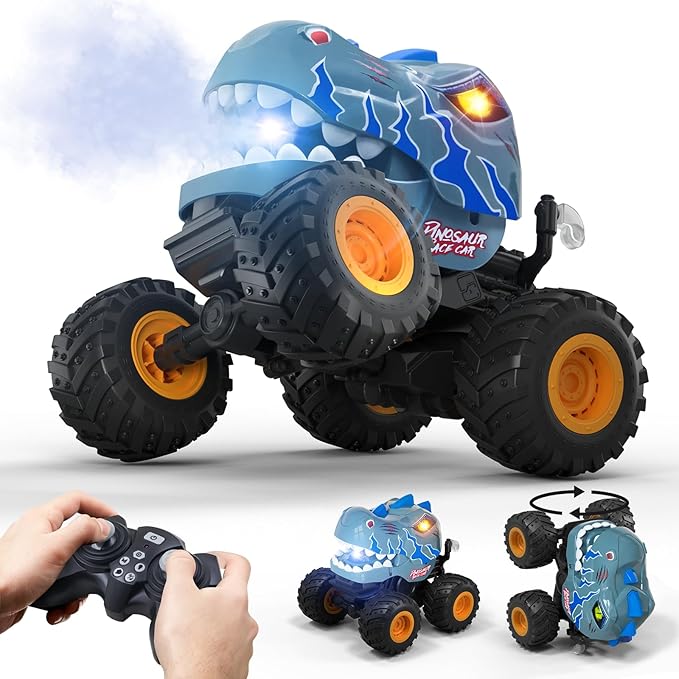 Dinosaur Remote Control Car for Boys 4-7, 360° Rotating Stunt Vehicle, 2.4GHz All Terrain RC Monster Truck Toys with Spray, Light & Sound for Kids 8-12, Birthday Gift for Boys (Grey)