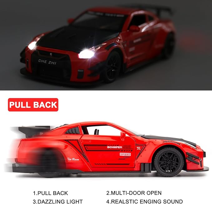 BDTCTK 1/24 Scale Compatible for Nissan GTR Model Car Toy, Zinc Alloy Pull Back Toy car with Sound and Light for Kids Boy Girl Gift (Red)