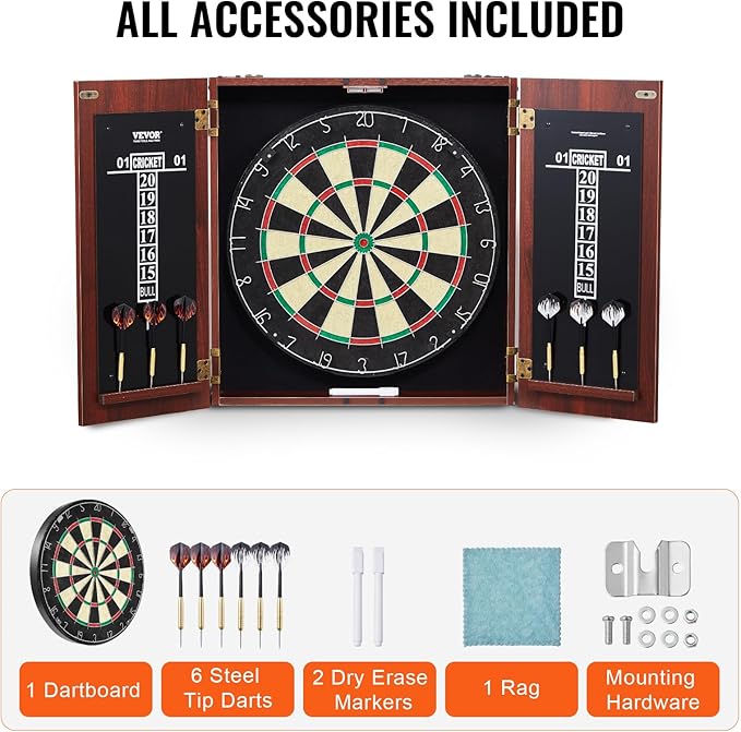 VEVOR Dart Board Cabinet Set, Multiple Styles Ready-to-Play Bundle Official Size, Steel Tip Dart Hideaway Cabinet, Features Easy Assembly, Complete with All Accessories, Perfect for Cricket Games