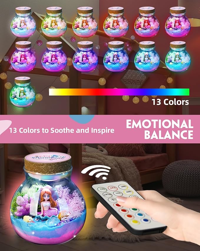 Light-Up Mermaid Terrarium Kit for Girls, DIY Arts & Crafts Gift for Girls Ages 4-6 7 8-12 Year Old, LED Night Light with Remote, Best Mermaid Birthday Decoration Toys Gifts for Kid