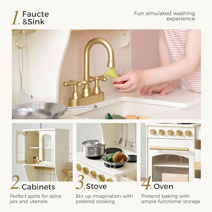 Tiny Land Play Kitchen for Kids with Storage System, Toy Kitchen Set with Plenty of Play Features Gift for Ages 3+