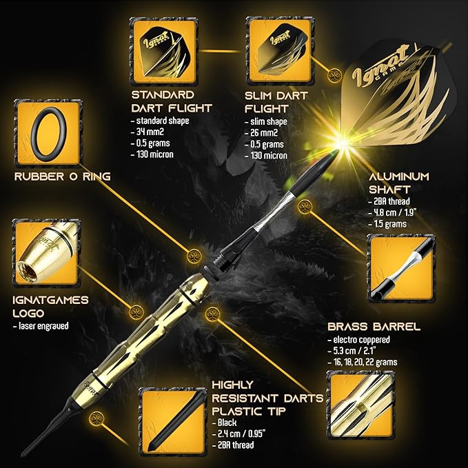 IgnatGames Darts Plastic Tip Sets - 6/12 Pack Soft Tip Darts for Electronic Dartboard with Brass Barels and Aluminum Shafts - 100 Extra Tips and 16 Flights, Wrench & Innovative Case