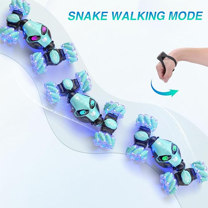 Powerextra LED Gesture RC Car, 4WD Hand Controlled Sensor RC Stunt Car for Age 8+ Year Old Boys & Girls, Double Sided 360° Flips Off Road Remote Control Vehicle Toy with Lights & Music, Sensing Toy