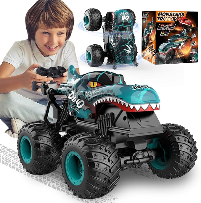 Monster Truck Toys, 2.4Ghz RC Monster Trucks for Boys, 1:20 Dinosaur RC Cars with Light & Music, Remote Control Truck with Stunt, 360° Spin, Walk Upright& Drift, Remote Control Car for Boys 4-7
