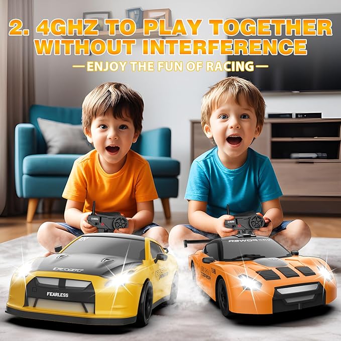 Remote Control Car 1/24 2.4GHz 4WD RC Drift Car, Rechargeable High Speed RC Cars with Cool Lights, Batteries and Extra Tires Toys for Kids (Yellow)