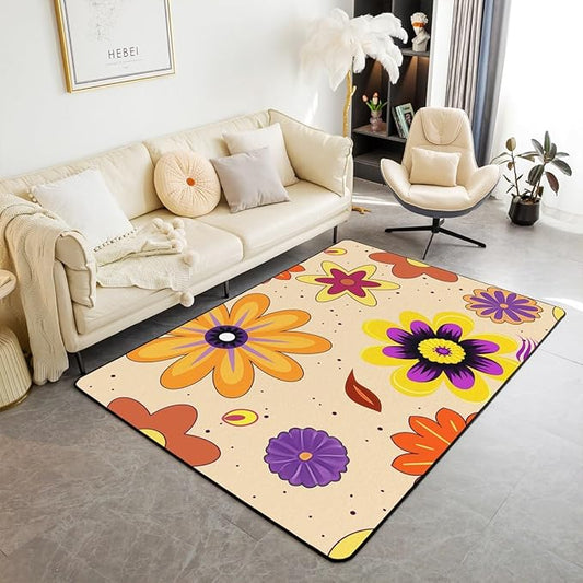 Erosebridal Groovy Flower Power Area Rug 3x5 for Girls,Hippie Aesthetic Vintage Floral Carpet Abstract Geometric Garden Flowers Decorative Rug Psychedelic Hippy Gold Non Slip Rug for Bedroom
