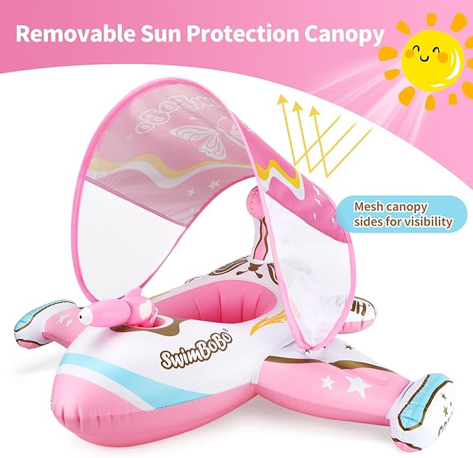 Swimbobo Toddler Pool Float Pink Inflatable Airplane Car Baby Swim Float with Water Gun and Safety Seat Pool Toys for Kids 3+ Years Old