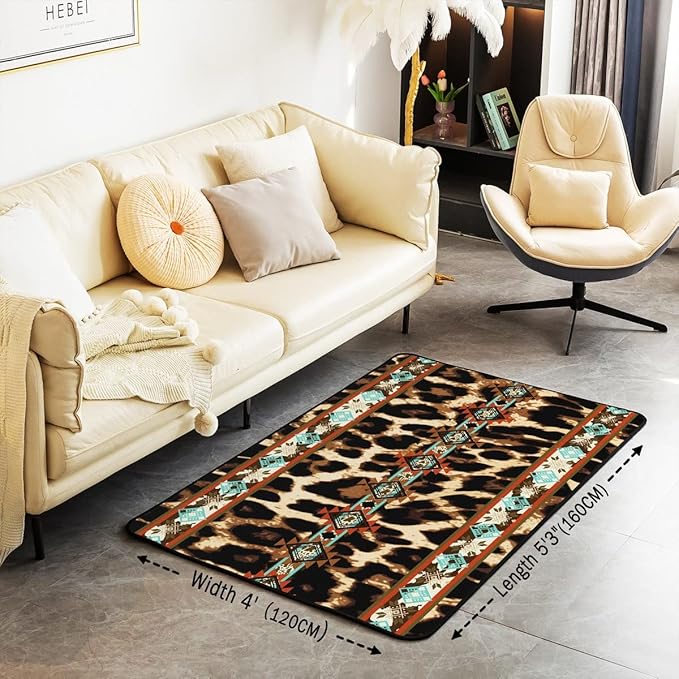Erosebridal Western Rugs, Cheetah Print Area Rug 4x5, Leopard Skin Fur Hair Spot Ethnic Tribe Arrow Aztec Indian Tribal Geometry Carpet for Bedside, Retro Exotic Southwestern Washable Decorative Rug