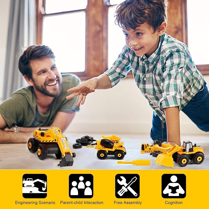 TEUVO Construction Take Apart Toys with Electric Drill, Building Excavator Toy STEM Trucks Vehicle Construction Vehicles for Kids, Educational Learning Gifts for Ages 3+ Boys & Girls