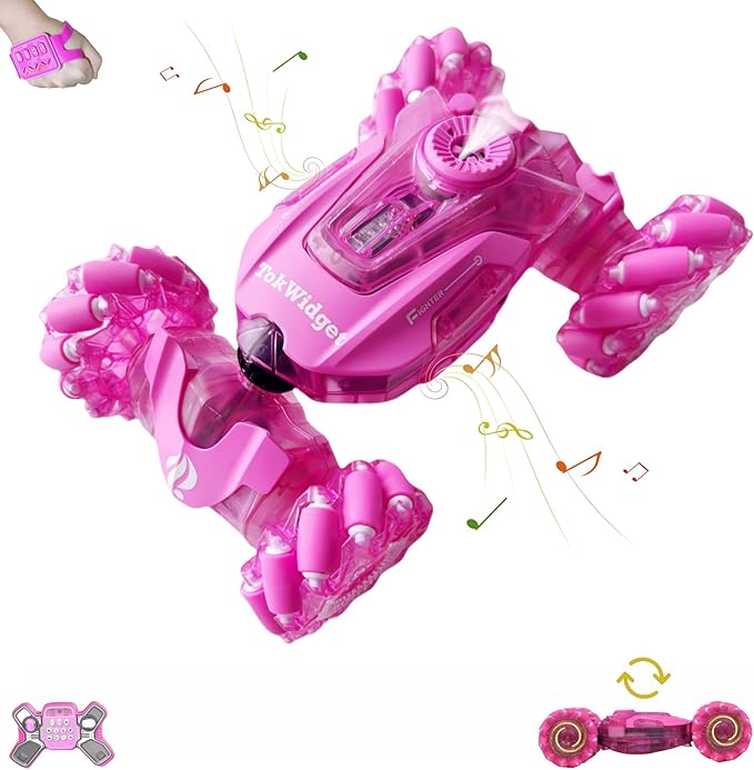 Pink Remote Control Car for Girls, Gesture Sensing Stunt Remote Control with Light & Music, 4WD 360° Rotating, 2.4Ghz RC Car, Birthday Gift for Kids Age 3-12 & 4-10 Best Gift for Girls