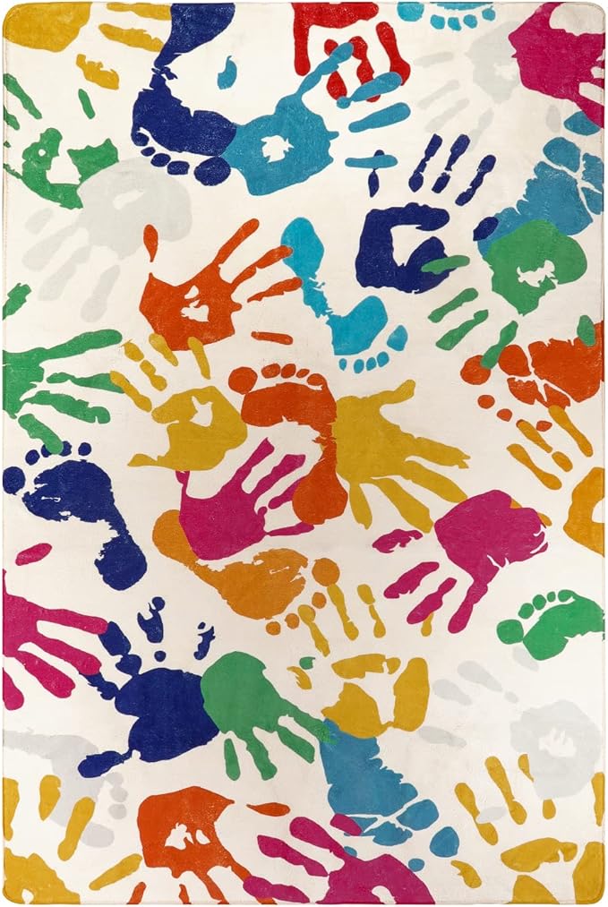STARUIA Handprints and Footprints Kids Rug for Playroom, 3'x5' Washable Colorful Nursery Rug for Boys and Girls Room, Ultra Soft Non-Slip Carpet Indoor Mat for Classroom Bedroom