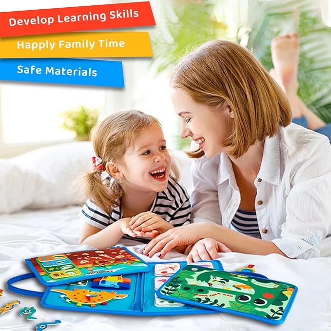 Busy Board Montessori Toys for 3 4 Year Old Boys & Girls Birthday Gifts, Educational Activity Sensory Board Preschool Learning Toys for Toddlers, Travel Toys for Airplane Car (Dinosaur)