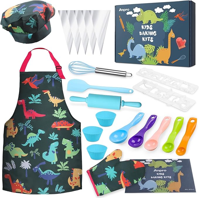 Anpro Complete Kids Cooking and Baking Set - 27 Pcs Includes Aprons for Girls, Chef Hat, Mitt & Utensil to Dress Up Chef Costume Career Role Play for 3-7 Years Boys