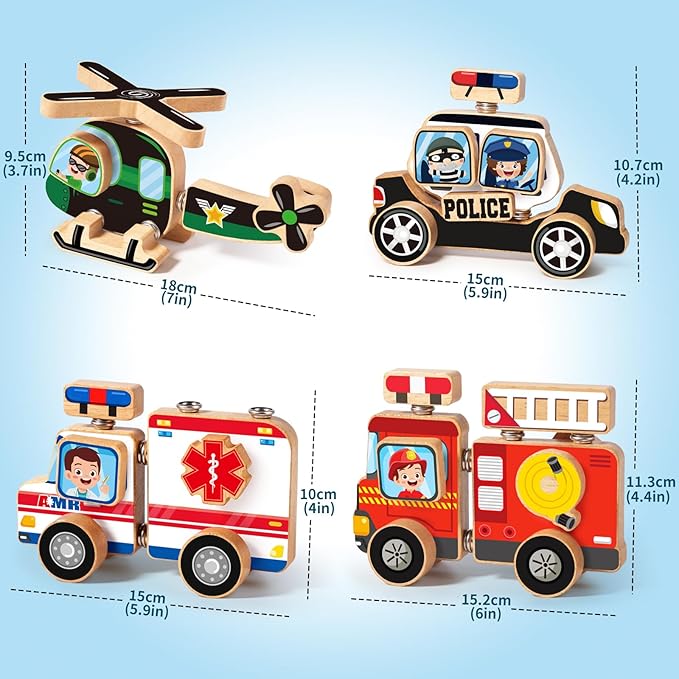 Emergency Vehicles 3D Puzzle Toy, HUZU Rescue Squad Wooden Snap Button Connection Building Blocks for Kids 3-8, Fire Truck Ambulance Police Car Helicopter Montessori Gifts for Preschool Children