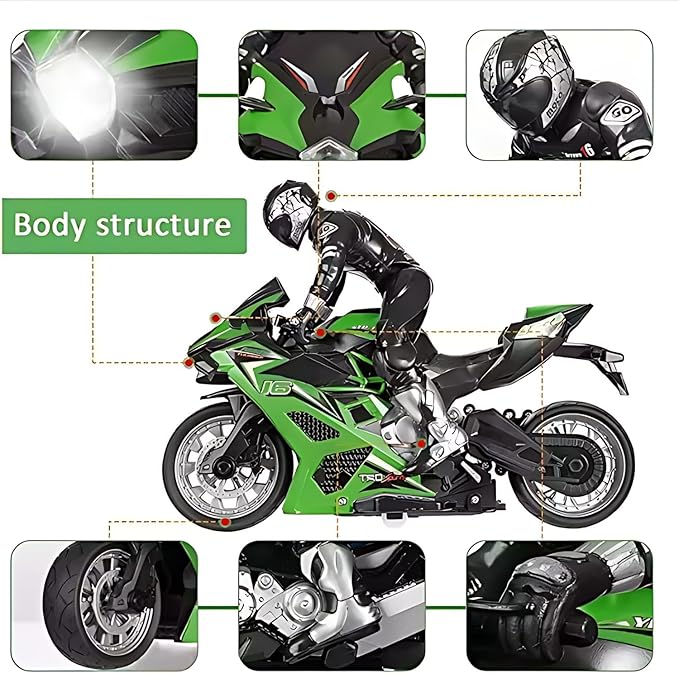 Liberty Imports 2.4G RC Remote Control Stunt Motorcycle with Riding Figure, 1:10 Scale High Speed Cross Country 360 Degree Rotation Drift Shockproof Racing Motorbike (Green)