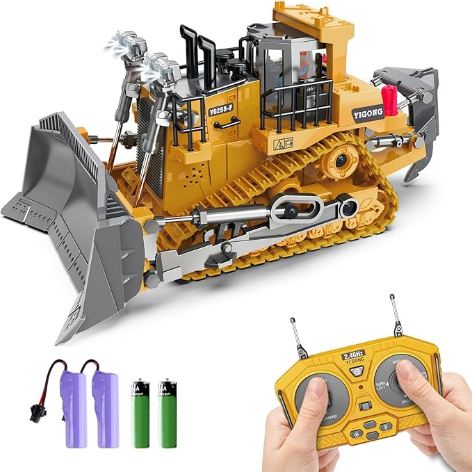 Dwi Dowellin Rc Bulldozer Toys for Boys,Construction Remote Control Bulldozer with Metal bulldozing Shovel Lights/Sounds for Kids Boys