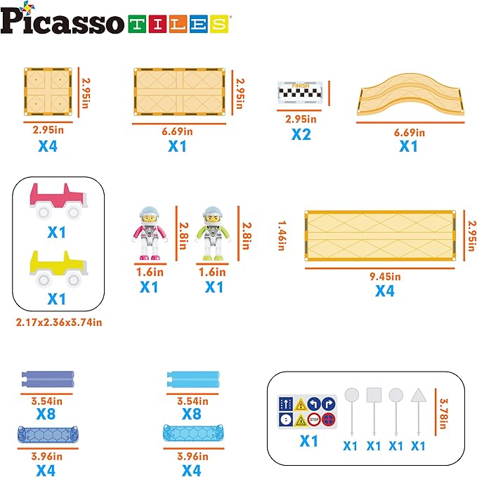 PicassoTiles Magnetic Race Track Car Slide Magnet Building Blocks Tiles Sensory Toys for Kids Toddlers Include Trucks Character Action Figures STEM Learning Kit Races School Age 3+ year Old Boys Girls