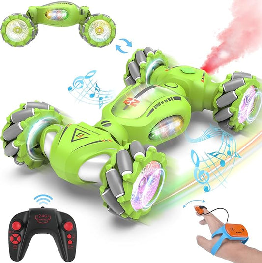 Gesture Sensing RC Stunt Car Toys Gifts for 6-8 8-12 Kids, 2.4Ghz 4WD Hand Controlled RC Car with Light & Music & Spray, Double-Sided 360° Rotating Birthday for Boys