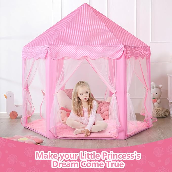 Princess Tent for Girls Indoor: with Rug, Star Lights - Pink Play Tent for Kids, Girls Toys for Indoor and Outdoor Games, Princess Castle Playhouse