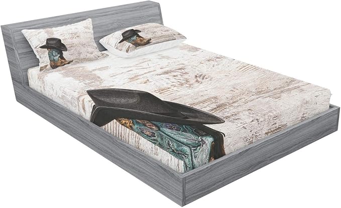 Ambesonne Western Fitted Sheet & Pillow Sham Set, Traditional Rodeo Cowboy Hat and Cowgirl Boots Retro Grunge Background Art Photo, Decorative Printed 3 Piece Bedding Decor Set, Full, Black Brown