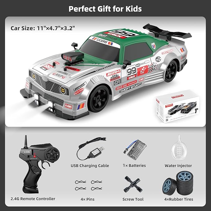 RC Drift Remote Control Car - 1/16 2.4GHz 4WD With LED Lights, Rechargeable Battery, and Drifting Tires - Toy for Adults, Boys, Kids