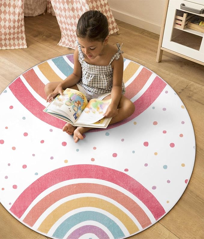 STARUIA Round Rainbow Rug for Girls Bedroom, 4 Ft Washable Kids Rug for Baby Nursery, Non-Slip Circle Area Rug Colorful Princess Carpet for Teen Dorm Playroom Tent