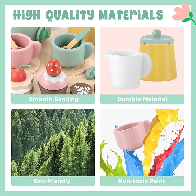 GAGAKU Wooden Tea Set for Kids, Wood Tea Party Set for Little Girls Wooden Coffee Afternoon Tea Toys Play Food forToddler Pretend Play Kitchen Accessories for Kids