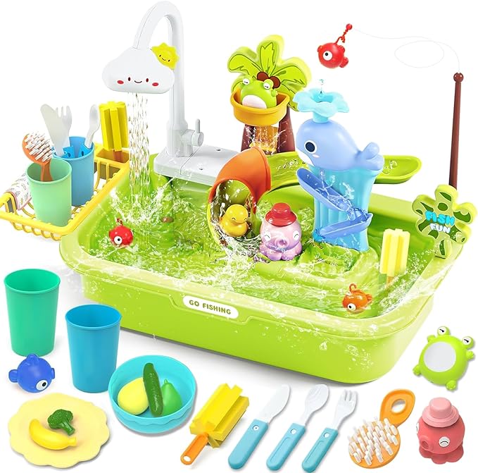 Kids Play Sink with Running Water & Electric Faucet, 4-in-1 Kitchen Sink Toy with Fishing Game, Pretend Play Kitchen Toy Accessories, Role Play Dishwasher Toys for Toddlers Boys Girls Green