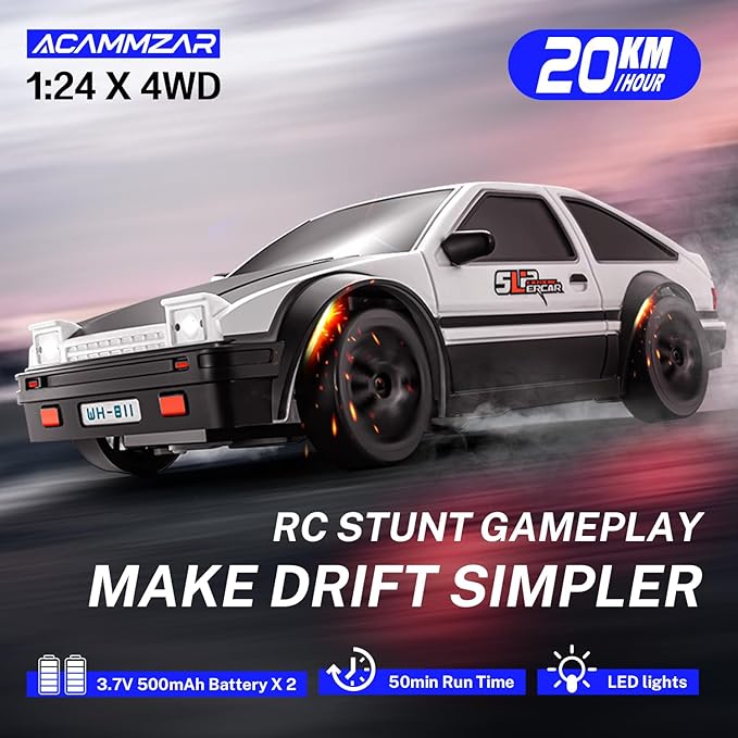 ACAMMZAR RC Drift Car, 1:24 Remote Control Car for Kids, 20KM/H 4WD High Speed RC Cars with LED Lights, Two Batteries, Extra Drifting Tires, Vehicle for Adults Boys Girls