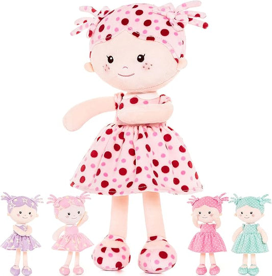 Onetoo First Baby Doll Soft Baby Doll for Girls Plush Rag Doll Sleeping Cuddle Buddy Doll Wear Pink Dress Red Polka Dot 14"