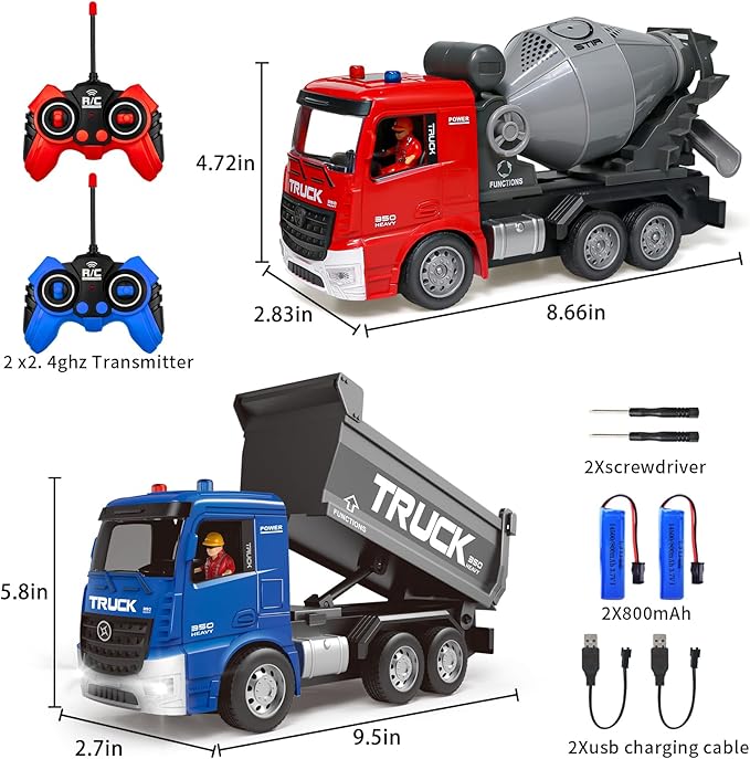 Remote Control Cement Mixer Truck and Dump Truck Toy Set - Construction Vehicle Toy with Lights and Sounds for Imaginative Play, Present for Toddlers Boys Girls