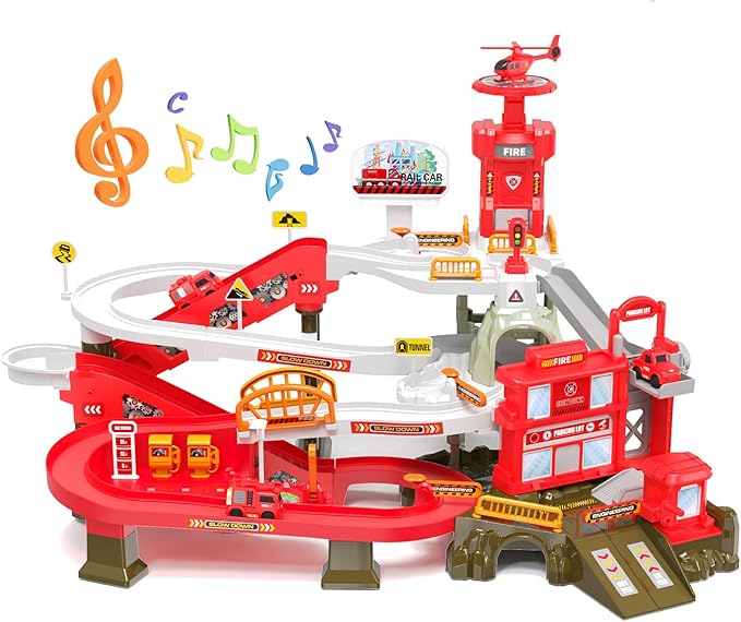 52PCS Fire Rescue Adventure Track Playset for Kids Ages 3+, Electric Ladder, 3 Mini Cars&one Airplane, Multi-Level Tracks with Lights & Sounds, Obstacles & Role Play, Gift for Boys & Girls