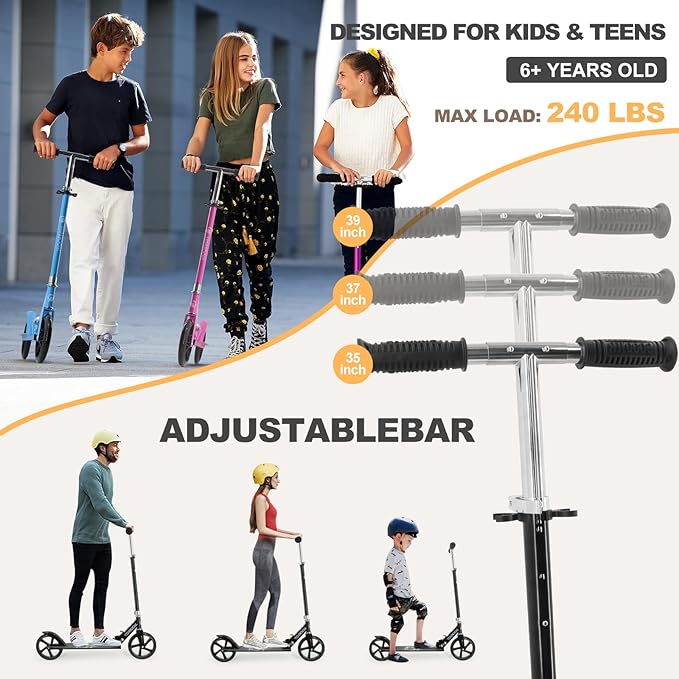 TENBOOM Kick Scooter for Ages 6+,Kid,Teens & Adults. Max Load 240 LBS. 8IN Big Wheels for Kids, Teen and Adults, 3 Adjustable Levels