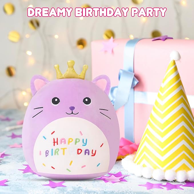 SQEQE Cat Stuffed Animal Kawaii Cat Plushie with Golden Crown Soft Kitty Stuffed Toy Birthday Party Decoration Gift for Kids Girls Boys(Purple Caticorn,10 Inch)