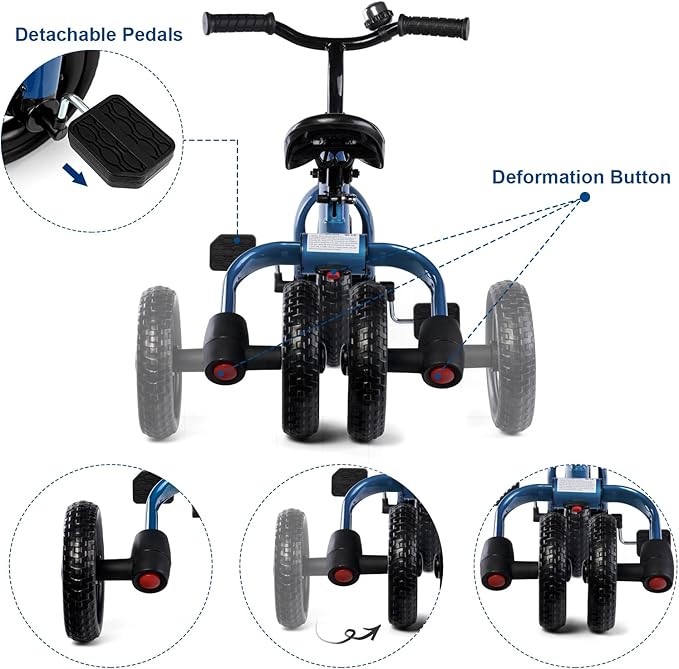 XPIY Tricycle for Toddlers Age 2-5 Years Old, 3 in 1 Folding Toddler Bike for Boys and Girls, Kids' Bike Trike with Detachable Pedal and Adjustable Seat (Blue)