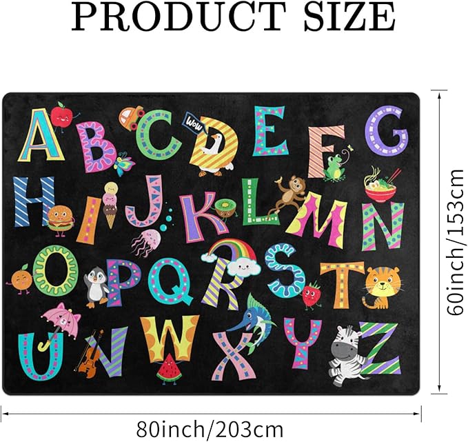 ABC Alphabet Rug, Classroom Playmat Rugs - 5x7 Ft Kids Carpet with Rubber Backing, Colorful Cartoon Letters Kids Play Mat Nursery Rugs for Toddlers Children Bedroom Playroom - Black