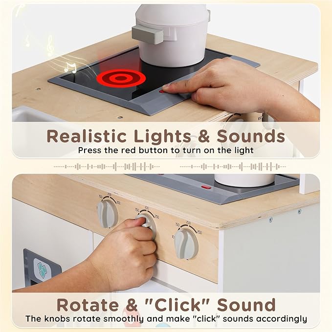 SainSmart Jr. Wooden Play Kitchen for Kids - Premium Toddler Pretend Play Cooking Set - Includes Stove, Refrigerator, and Accessories for Boys and Girls