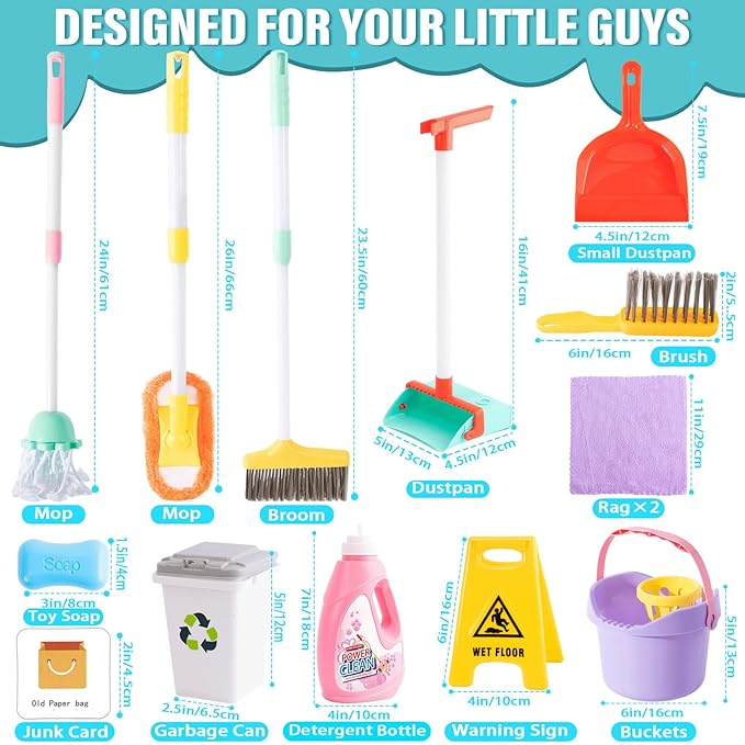 14PCS Toddler Kids Cleaning Toy Set, Kids Adjustable Mop Broom & Dustpan Set, House Cleaning Tool Toys for Toddlers 1-3,Montessori Learning Pretend Play Gift for Girl Boy 1-3-5 Year Old Clean Toy