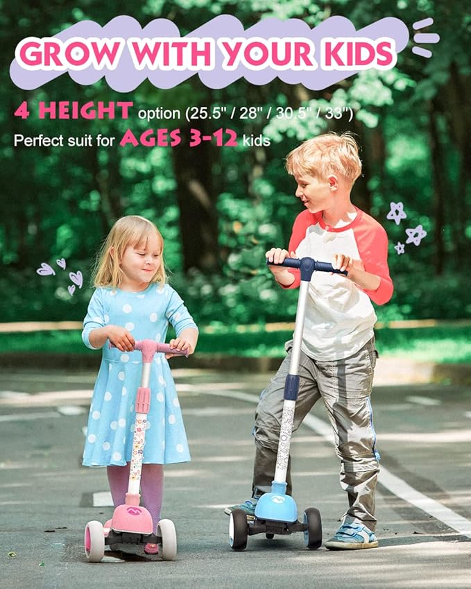 MOUNTALK Kids Scooter for Ages 1-12 Years, 3 Wheels Toddler Scooter for Children Age 1-3/3-5/5-8/8-12 Boys and Girls with Adjustable Heights and LED Wheels