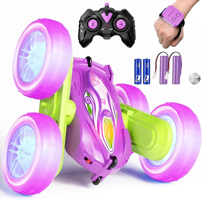 Remote Control Car Toys for Boys & Girls, 4WD Gesture RC Stunt Cars, High Speed RC Truck with Double Sided 360 Flips and Headlights Wheel Lights, Off-Road Stunt Car Toys for Kids 6-12 yr (Purple)