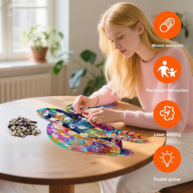 Colorful Turtle Puzzles for Adults 500 Pieces, 5MM Thick Wooden Jigsaw Puzzles, Unique Shape Puzzle Ocean Wood Puzzles for Adults and Kids Birthday Gifts Family Game 16.9 * 16.9inch