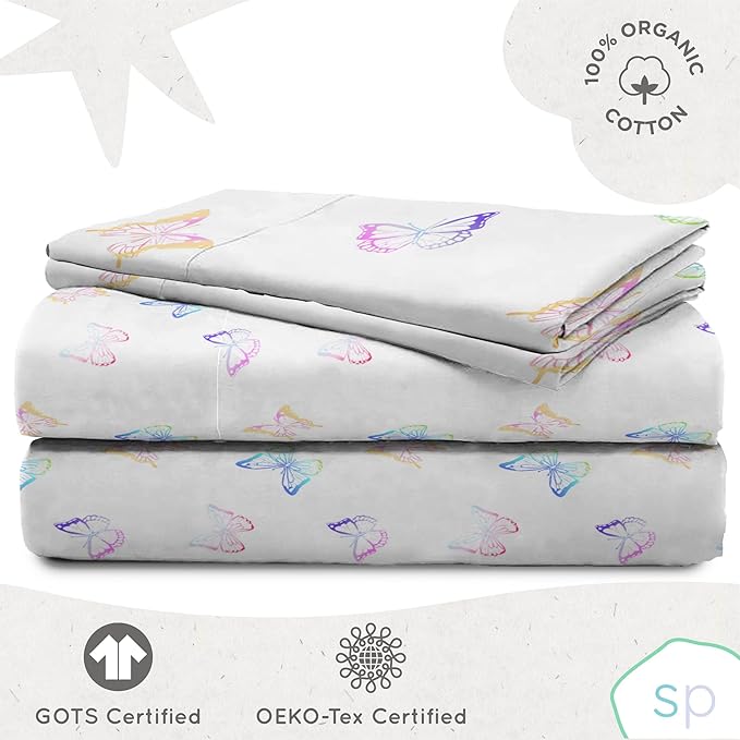Saturday Park Ombre Butterflies Full Sheet Set - 4 Piece 100% Organic Cotton Sheets - GOTS & Oeko-TEX Certified