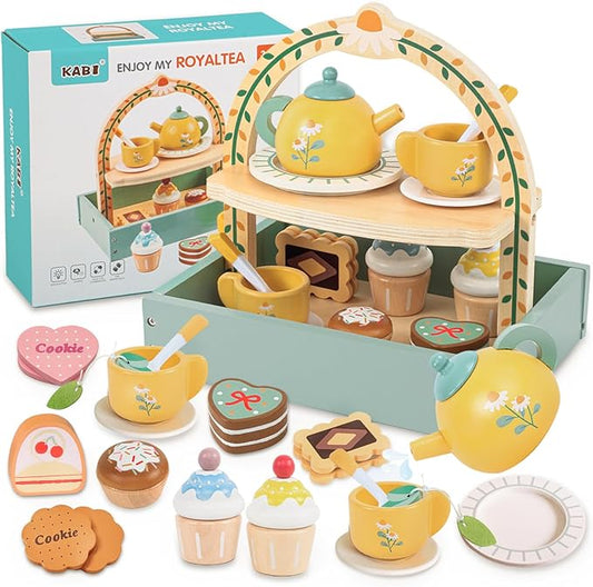 Wooden Tea Party Set for Little Girls,Kids Tea Set with Cookies & Cake Stand, Play Kitchen Accessories Wooden Pretend Play Food Toys for Girl Boy Birthday Gift