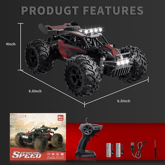 Remote Control Car, 2.4GHz 20-25KM/H Variable Speed Turbo 2-Speed Acceleration High Speed RC Car, 1:16 Off-Road Monster Truck with LED Lights and 1800mAh Rechargeable Battery – Ideal Gift for Boys 6