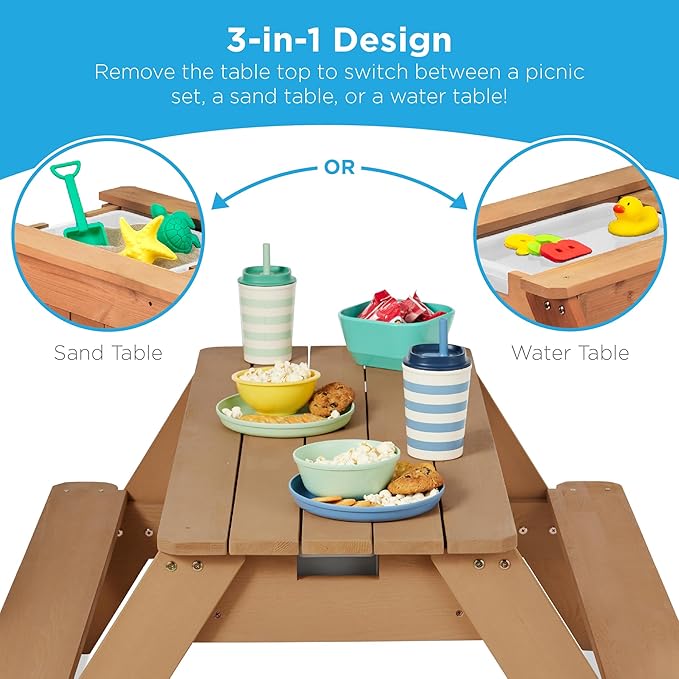 Best Choice Products Kids 3-in-1 Sand & Water Table, Wood Outdoor Convertible Picnic Table w/Umbrella, 2 Trays, Removable Top, 220lb Capacity Per Bench - Natural/Dark Pink
