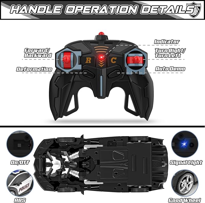 BLUEJAY Transform Rc Cars for Boys 4-7 8-12, 2.4Ghz Remote Control Car 1:18 Scale Transforming Robot, One-Button Deformation 360° Rotation Car Toy Gifts for Boys 3-5 (Police)