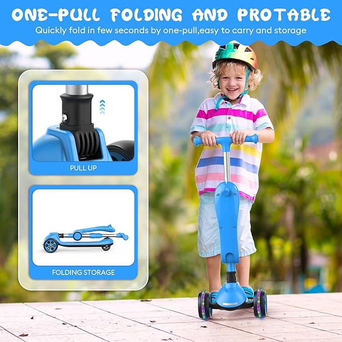 Kids Kick Scooter,Adjustable Height Handlebars and Removable Seat Scooters for Kids,3 Lighted Wheels Anti-Slip Deck Toddler Scooter for Boys & Girls Aged 3-12 up to 132 Lbs.