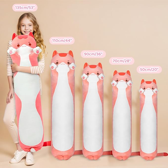 Artist-Designed Ultra Soft Long Cat Plush Body Pillow, Extra Stuffing for Comfort, Premium Quality Stuffed Animal Gift for Girlfriend or Cat Lovers (Pink Cat Body Pillow 20 Inch)