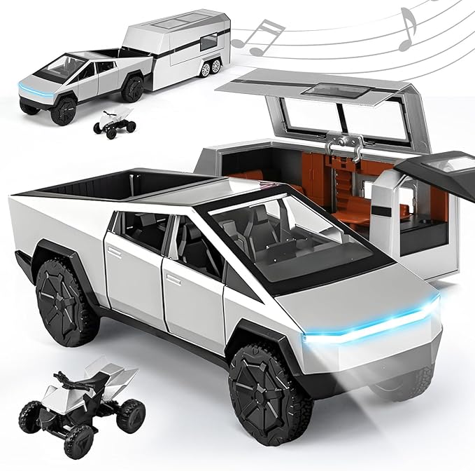 INGQU® Toy Car Alloy Diecast Pick-up Truck Model with RV & Motorcycle with Sound and Light Race Car Display Model Metal Pull-Back Vehicle 3-in-1 Camping Car Set Ideal Gift for Boys Kids Age for 3+
